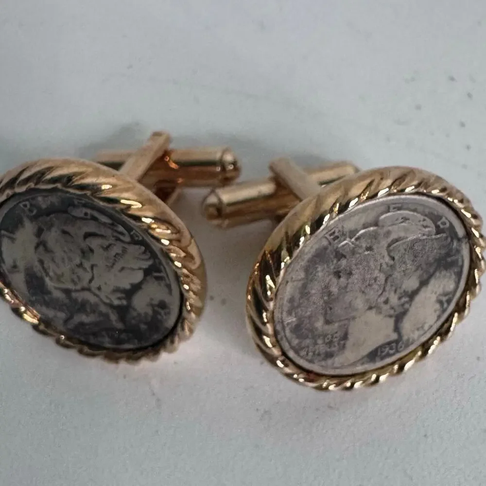 Vintage Pair Of Silver Mercury Dime Cuff Links 1936 & 1943 in Gold w/ Tie Clip